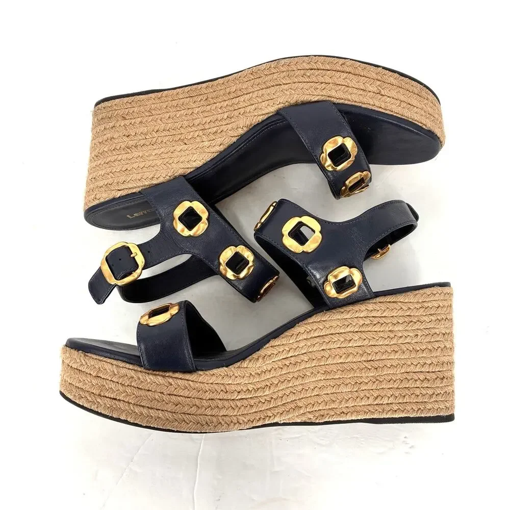 Larroudé Milan Espadrille Wedge Sandals Navy Blue Leather Women's 11